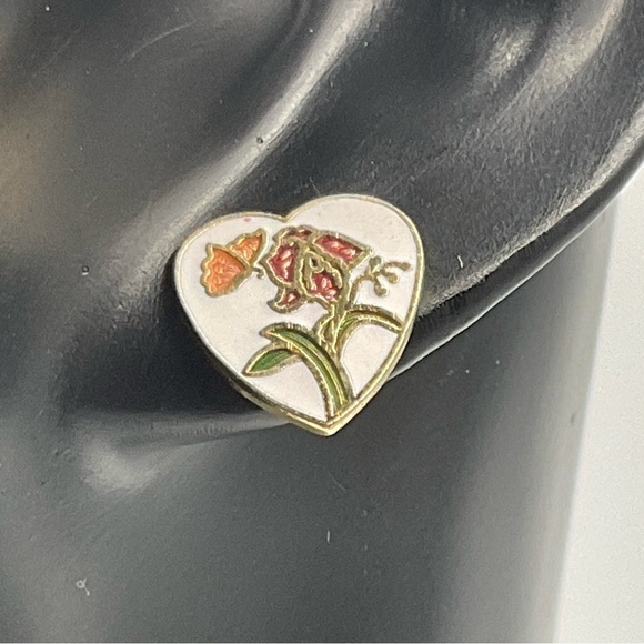 Earrings Cloisonne Stud Butterfly Flower Gold Tone Heart White 80s Vintage Jewel - Picture 2 of 6